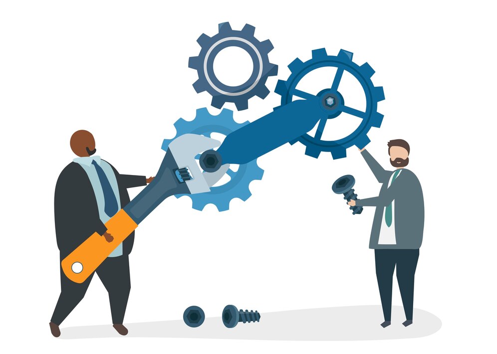 Illustration of two people assembling gears with tools.